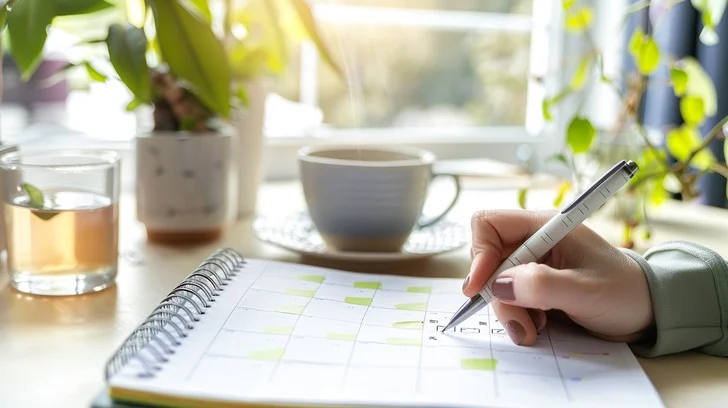 Organized daily planner with morning coffee